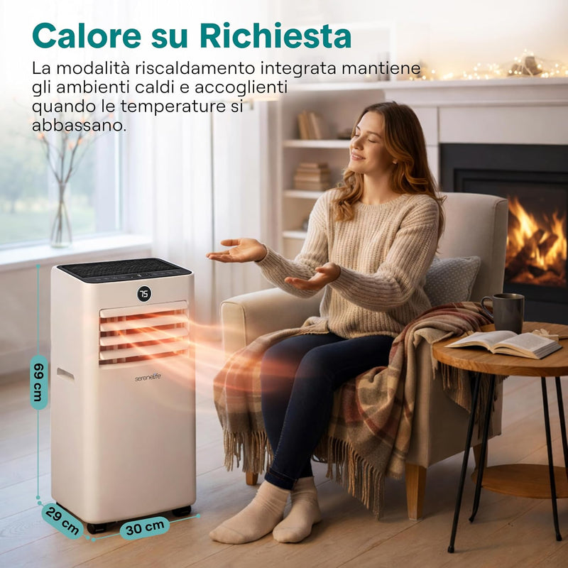 Acondicionador de aire portátil SereneLife, aire acondicionado tipo pingüino 7000 BTU, 2,05 kW / 1,9 kW, 2050 W refrigeración/1900 W calefacción, compacto con pantalla y kit de ventana