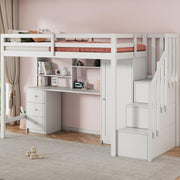 Cama alta infantil Merax 90x200 cm, con armario, escritorio, cajones y estantes, litera con escalera, somier y protección anticaídas, sin colchón, blanco/251×94×165 cm