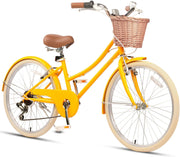 Glerc Missy 20, 24, 26 pulgadas bicicleta híbrida urbana tipo crucero para niñas, de 6 velocidades, con cesta de mimbre, para jóvenes mayores de 6 años, varios colores