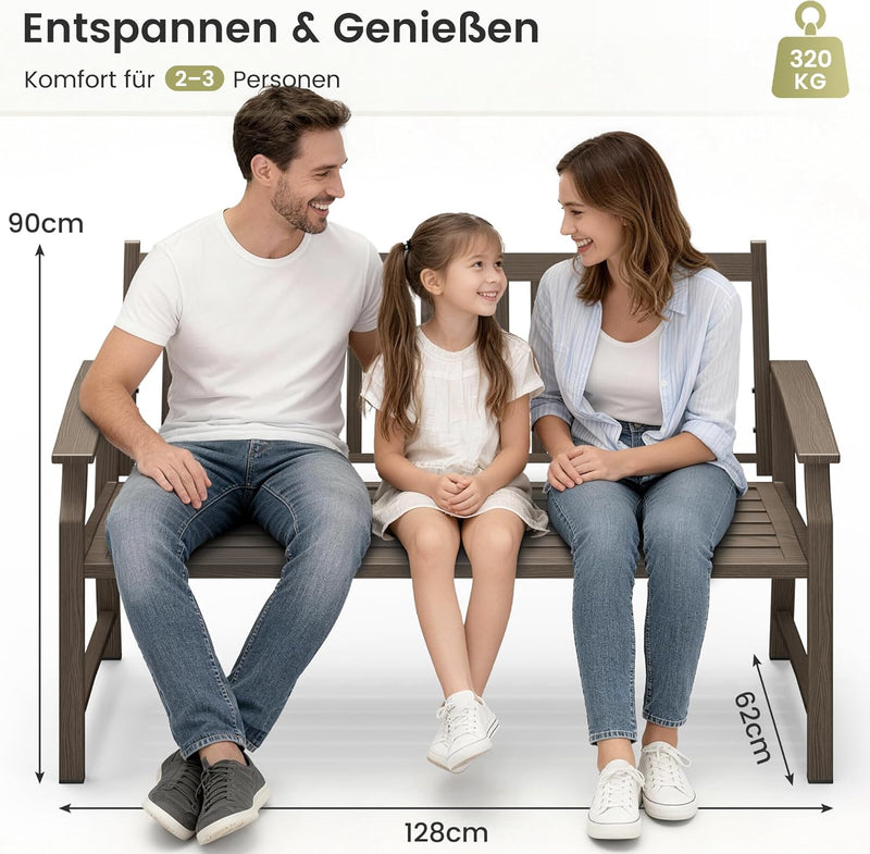 UDPATIO Banco de jardín de metal con aspecto de madera, banco resistente a la intemperie para balcón y jardín, banco de 2-3 plazas, muebles de balcón con respaldo y reposabrazos, marrón