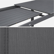 sweeek - Mesa de jardín extensible de aluminio + 10 asientos de aluminio y textileno antracita. 8 sillas. 2 sillones. 10 plazas. 290 x 100 x 75 cm