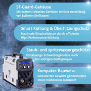 Equipo de soldadura de gas protector 3 en 1 STAHLWERK MTM-200 ST – equipamiento completo – TIG, MIG/MAG, MMA/electrodo hasta 200 A, alimentación de alambre sinérgica, accionamiento de 4 rodillos, apto para hilo relleno, acero, chapa fina