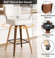 Juego de 2 taburetes de bar giratorios con respaldo, altura de asiento de 65 cm, piel sintética y madera maciza, diseño de mediados de siglo con 4 patas y reposapiés, sillas de bar para cocina y bar en color beige