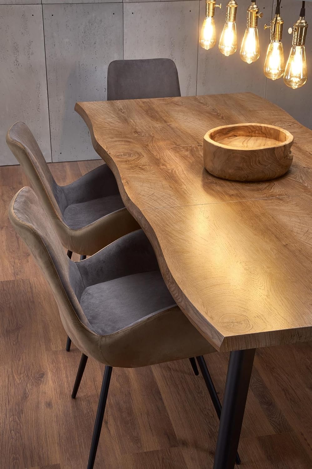 designimpex Mesa de comedor de diseño HAW-222, roble natural, chapa de madera auténtica, borde vivo, madera maciza, extensible de 120 a 180 cm, borde natural, mesa de comedor, mesa de cocina