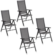 Set de 4 sillas de jardín de respaldo alto KHG, silla plegable de aluminio, respaldo ajustable en 8 posiciones con reposabrazos, gris antracita resistente a la intemperie e inoxidable, soporta 120 kg, silla de balcón, premontada, tejido sintético