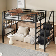 Cama alta, 140x200 cm, estantes, escalera con almacenamiento, espacio libre debajo de la cama para personalizar, barandilla, sin colchón, muebles negros, muebles de dormitorio, cama, estructura de cama y base WX00057