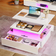 Mesa de centro elevable YITAHOME, mesa de salón de alto brillo con tablero elevable, mesa de centro para sala de estar con LED de 16 colores, estilo moderno y 2 cajones