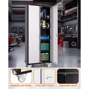 Gabinete de almacenamiento para garaje con ruedas y tablero perforado, armario de metal con cerradura de 72" de altura, 2 puertas y 4 estantes ajustables para taller de garaje