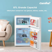 COMFEE' RCT87WH2(E) Frigorífico Congelador Bajo Encimera, Mini Frigorífico con Congelador 87L con Iluminación, Estantes Extraíbles, Termostatos Ajustables, Puertas Reversibles, Blanco [Clase Energética E]