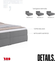 Cama boxspring BROMARKT con arcón, cama tapizada con colchón Bonell y topper, cama para dormitorio, cabecero acolchado, modelo Dakota, muelles Bonell, 180x200, grado de firmeza H3, gris Malmo