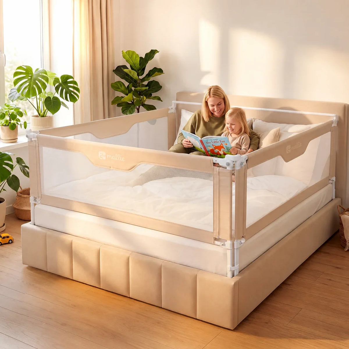 Barrera de cama 200x200 cm, set de 3 lados, MALLIEFIX 2.0, sistema de clic, altura ajustable, beige