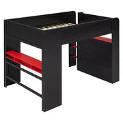 Cama alta de tamaño completo Luxystar con escritorio ajustable iluminado, armario abierto y estantería