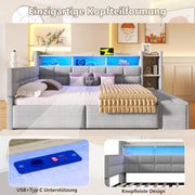 Sofá cama, 140 × 190 cm, con dos cajones, puertos USB y tipo C, compartimento de almacenamiento, banco de almacenamiento en el piecero, tira de luz LED, sin colchón, terciopelo, gris