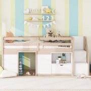 Cama alta baja de madera maciza con cajón y escalera, tamaño individual