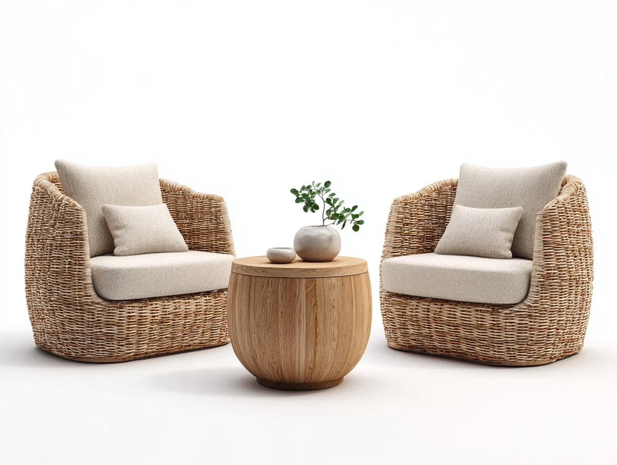 Conjunto de mesa y sillas de exterior de ratán 85x80x90 cm - madera natural/beige - diseño moderno