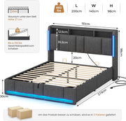 AOGLLATI Cama tapizada de matrimonio 140x200 con arcón, cama con almacenamiento hidráulico, iluminación LED y enchufes, cama 140x200 cm con cabecero con almacenaje, somier de láminas, lino, gris oscuro (sin colchón)