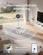 Ventilador de pie inteligente Dreo con luz RGB, oscilación de 120° + 120° con control remoto, ventilador de suelo silencioso de 20 dB para dormitorio, temporizador de 8 horas, plateado