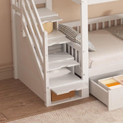 Cama alta Merax 90x200cm, litera infantil para 2 niños, cama casita con escalera, almacenaje y cajones, cama tipo casa del árbol con ventana y techo, protección anticaídas y somier, pino+MDF, sin colchón, blanca