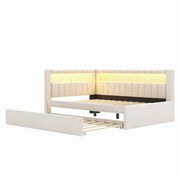 Cama con plataforma tapizada con puertos USB e iluminación LED - Base de cama matrimonial/individual con 2 cajones de almacenamiento - Dormitorio moderno