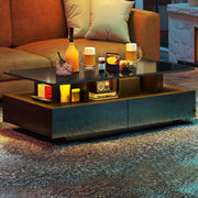 Mesa de centro YITAHOME negra, mesa de salón de alto brillo con iluminación LED de 16 colores moderna, mesa auxiliar negra con estante abierto y 4 cajones extraíbles 90x55x41,1 cm