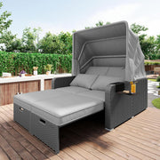 Sofá lounge de ratán sintético, sofá de jardín de dos plazas con función reclinable, tumbona de jardín con toldo extraíble, sofá lounge tipo cama de día con cojines, gris