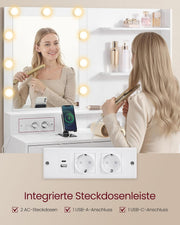 Colección VASAGLE Kailyn - Tocador con espejo e iluminación LED, mesa de maquillaje con 9 bombillas, 8 cajones, 3 estantes, 3 colores de luz, recto o en forma de L, blanco nube RDT140WB01