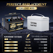 Batería de litio LiFePO4 12V/100Ah con Bluetooth, BMS de 100A, 5000 ciclos de descarga profunda, 1280W, protección de corte por baja temperatura para vehículos recreativos (RV), camping, embarcaciones y sistemas solares domésticos