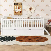 Estructura de cama individual con nido y barandilla, cama de plataforma de perfil bajo con escaleras para niños y niñas