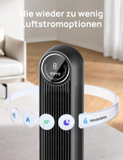 Ventilador de torre Dreo para dormitorio, velocidad de 7,6 m/s, ventilador de pie silencioso de 20 dB, ventilador oscilante de 90° con 4 velocidades, 4 modos, temporizador de 8 h, Nomad One, negro