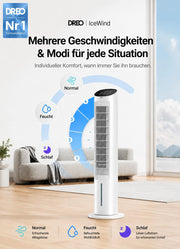 Ventilador de torre DREO con refrigeración silenciosa, ventilador con refrigeración por agua, enfriador de aire de 102 cm, enfriador evaporativo con función de oscilación de 80°, 3 modos, 4 velocidades, mando a distancia, blanco
