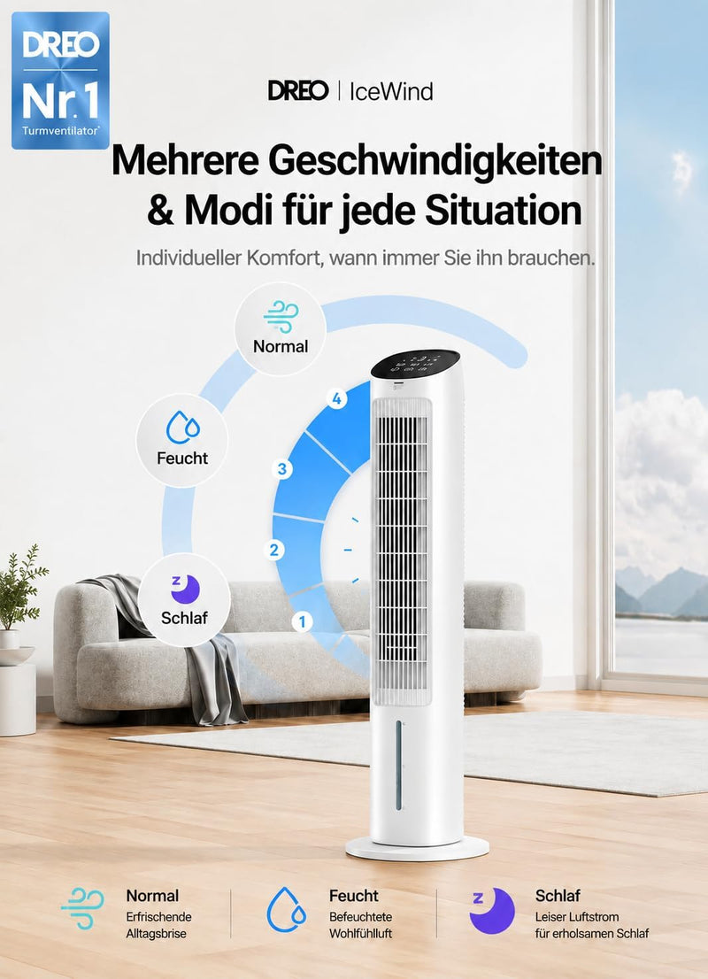 Ventilador de torre DREO con refrigeración silenciosa, ventilador con refrigeración por agua, enfriador de aire de 102 cm, enfriador evaporativo con función de oscilación de 80°, 3 modos, 4 velocidades, mando a distancia, blanco