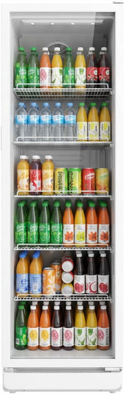 Refrigerador comercial para bebidas SCHOEPF GKS350 - Refrigeración por aire forzado - Refrigerador con puerta de cristal - 347 l - 5 estantes de rejilla ajustables - 194,5 cm de altura (blanco)