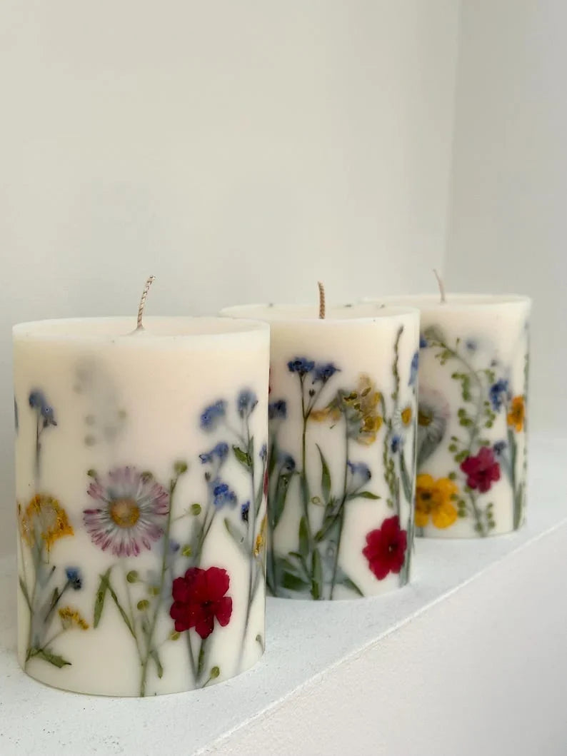 Vela de flores prensadas, vela botánica de flores silvestres, decoración cottagecore, cera de soja, 9x7,5 cm