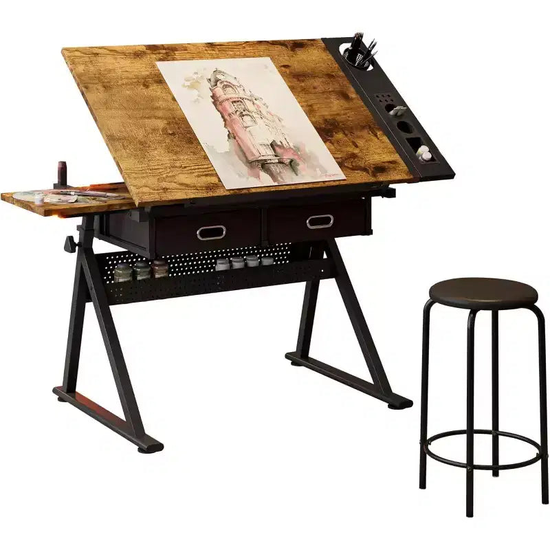 Mesa de dibujo de altura ajustable con taburete, escritorio inclinable de 0-75° con 2 cajones de almacenamiento, estación de trabajo para artistas para pintar, manualidades, escribir y dibujar