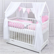 Set completo de cuna Baby Delux, cama casita de 60x120 cm, color blanco, con cajón, barrera anticaídas, colchón, ropa de cama y set de decoración (Prince Stars)
