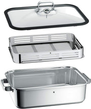 WMF Vitalis Aroma Vaporera, rustidera de inducción, 41x27x10 cm, fuente para horno de 6,5 l, pinzas de servir, tapa de cristal con borde de silicona, termómetro, rejilla de cocción, olla de cocción lenta de acero inoxidable Cromargan sin revestimiento