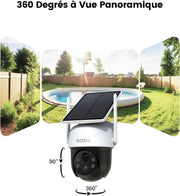 aosu Paquete de 2 cámaras de vigilancia WiFi inalámbricas para exteriores con panel solar, 3MP 360° PTZ panorámica, visión nocturna, alarma luminosa y sonora, audio bidireccional