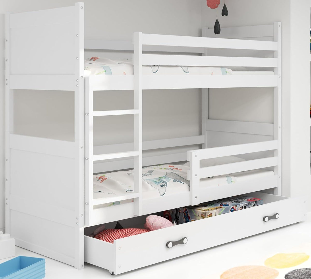 Interbeds Litera 200x90 cm Cama alta con cajón Cama litera Cama de madera de pino Cama infantil Cama juvenil con somier y protección anticaídas (blanco, 200x90)