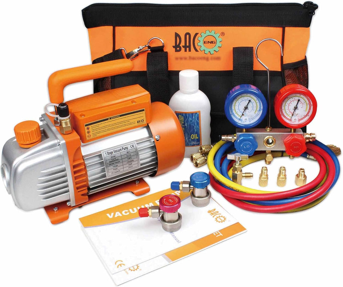 Juego de bomba de vacío BACOENG para aire acondicionado, ideal para carga de refrigerante HVAC/automotriz, kit de llenado de aire acondicionado para vehículos, compatible con R134A R410A R407C R32