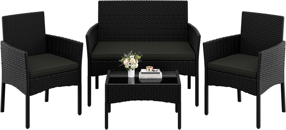 Yaheetech Set de muebles de jardín de 4 piezas, conjunto de muebles de balcón de poliratán para exterior con sofá de 2 plazas, 2 sillas, mesa y cojines para terraza/balcón/jardín, negro y gris