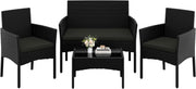 Yaheetech Set de muebles de jardín de 4 piezas, conjunto de muebles de balcón de poliratán para exterior con sofá de 2 plazas, 2 sillas, mesa y cojines para terraza/balcón/jardín, negro y gris