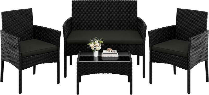 Yaheetech Set de muebles de jardín de 4 piezas, conjunto de muebles de balcón de poliratán para exterior con sofá de 2 plazas, 2 sillas, mesa y cojines para terraza/balcón/jardín, negro y gris