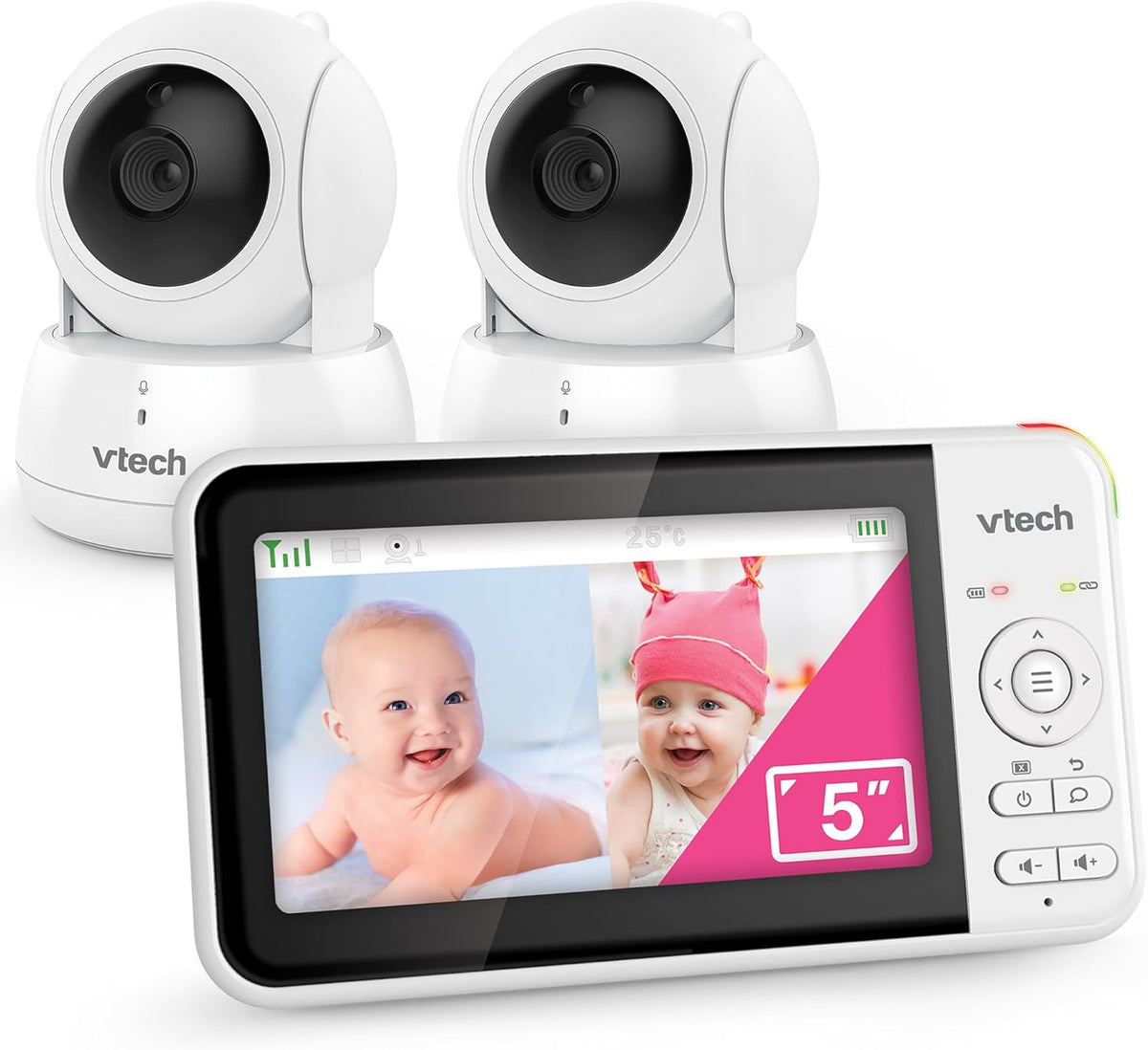 Monitor de video para bebés VTech con 2 cámaras y pantalla LCD a color de 5", hasta 17 horas de transmisión de video y 31 horas en modo solo audio, visión nocturna, giro-inclinación-zoom: VM924-2