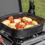 BRUNNER: Hornillo de camping de mesa 2 en 1 de 2 fuegos de acero inoxidable, barbacoa de gas y cocina de gas - POWERKOOK 50mbar con 1 cacerola + 1 plancha - con regulador de gas y manguera de gas