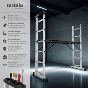 tectake® Escalera multifunción 3 en 1, andamio rodante de acero, plataforma de trabajo antideslizante, escalera telescópica, escalera plegable, escalera de mano, bricolaje, pintura, techado