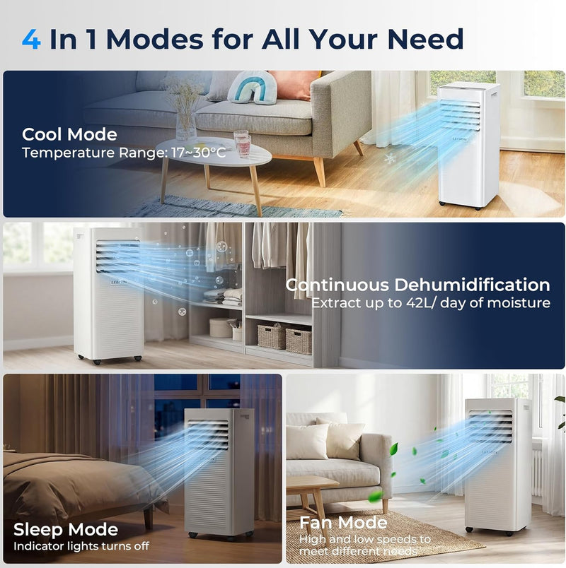 Aire acondicionado portátil LEENON 9000 BTU, 4 en 1: refrigeración, deshumidificación, modo ventilador y modo sueño, climatizador móvil de 2,6 kW con tubo de escape, mando a distancia/temporizador de 24h, para habitaciones de hasta 35 m²