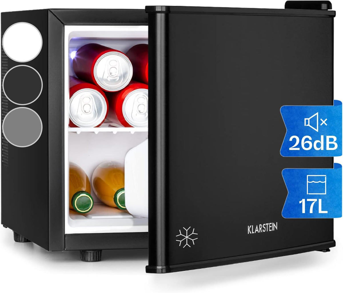 KLARSTEIN Mininevera para bebidas, frigorífico pequeño y silencioso, minibar para interiores, cervezas, vinos, camping, 3 niveles de refrigeración, cosméticos, 0-15 °C, 17 L