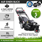 Cortacésped de gasolina BRAST® Trike con tracción | 5,2kW (7CV) | 53cm de ancho de corte | muchos modelos | TÜV | motor OHV de 4 tiempos | 30-80mm de altura de corte | 60L de saco de recogida | carcasa de acero | velocidad