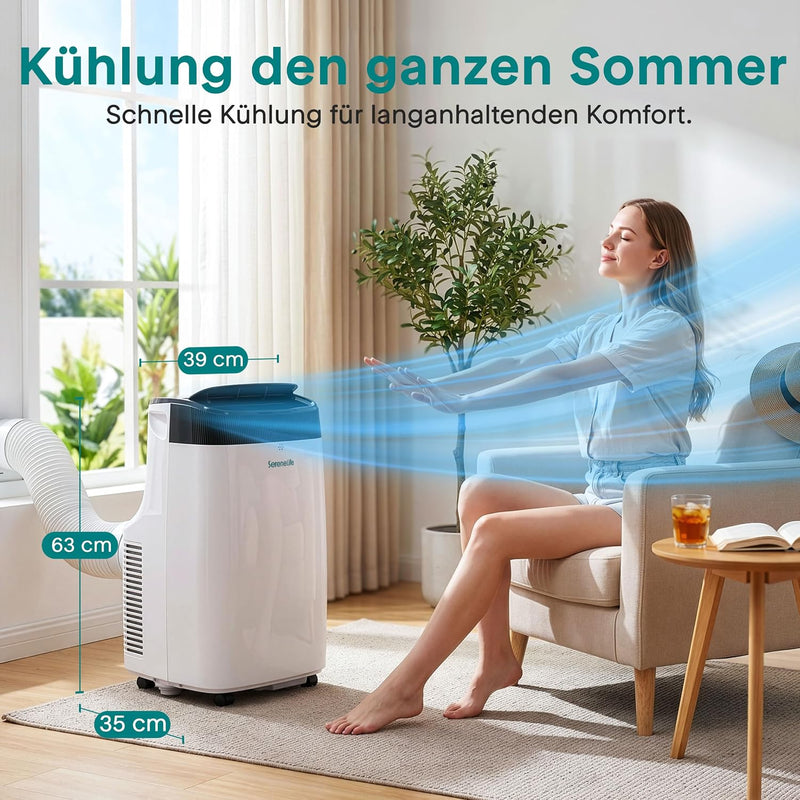 Aire acondicionado portátil SereneLife de 4 kW y 9000 BTU – Unidad de aire acondicionado silenciosa de 52 dB para dormitorios de hasta 20 m², enfriamiento agradable en días calurosos, con deshumidificador, ventilador y control remoto
