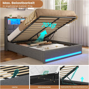 Cama tapizada AOGLLATI 140×200, cama hidráulica con almacenaje e iluminación LED, cama juvenil con puertos USB y tipo C, estructura de cama doble con listones de madera, tela de lino, sin colchón (Gris, 140x200 cm)